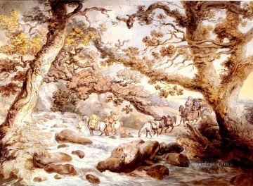  Rowlandson Art Painting - Fording The River Camel Cornwall caricature Thomas Rowlandson